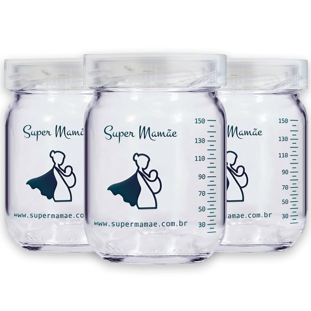 Pote de Vidro para Leite Materno 150ml Super Mamãe Original - 3 Unidades | Seguro, Livre de BPA e Ideal para Armazenamento
