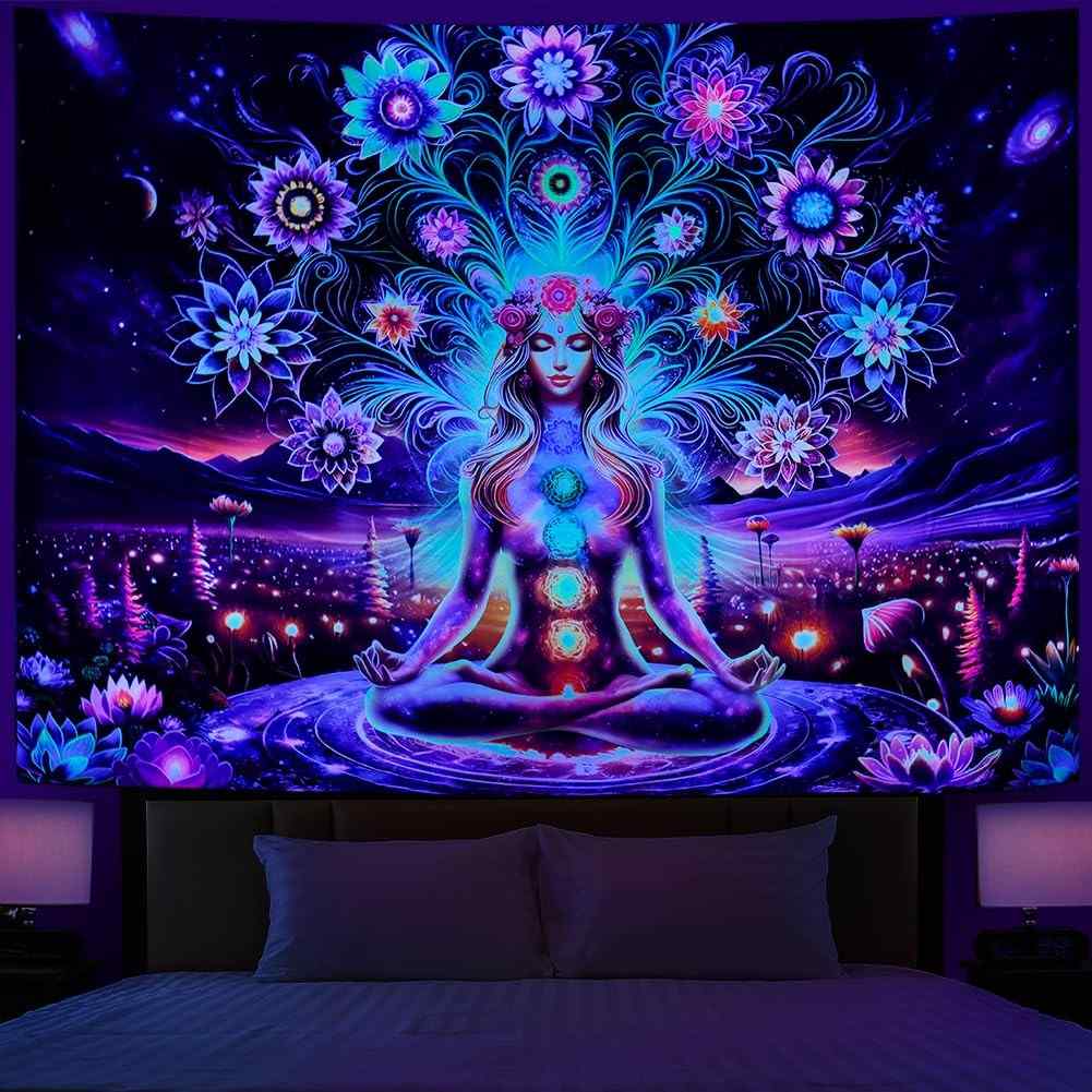 Tapeçaria Blacklight Sete Chakras - UV Reativa para Yoga e Meditação