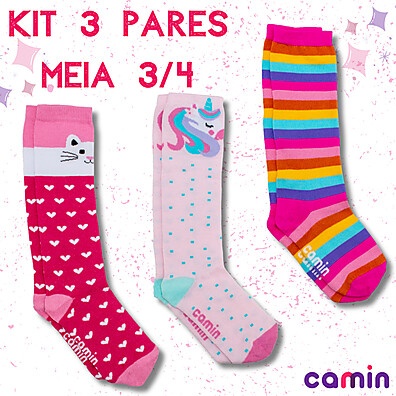 Meias Infantis 3/4: Kit 3 Pares Delicados e Coloridos