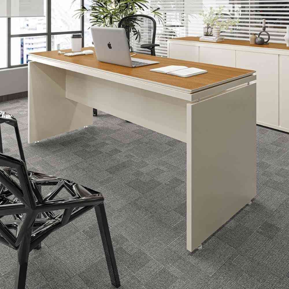Mesa de Escritório Oslo 160cm com Tampo Duplo – Design Moderno em Off White e Cedro