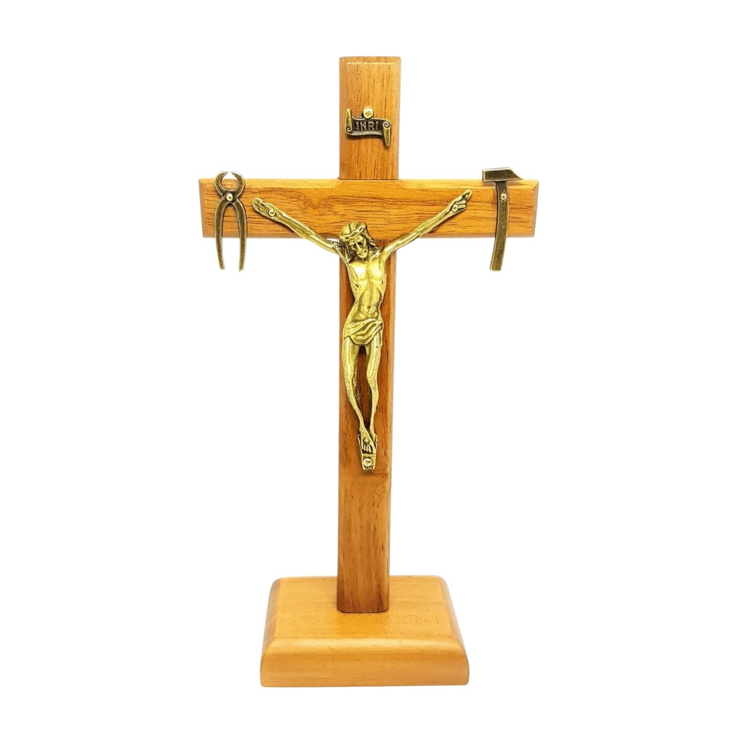 Crucifixo de Mesa Nossa Senhora da Salette 18 cm Madeira Clara - Decoração Sagrada com Cristo em Metal