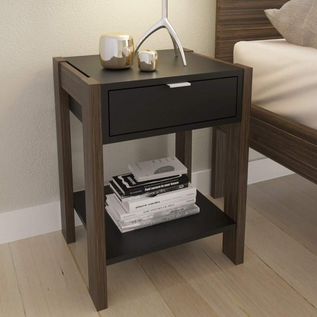 Mesa de Cabeceira Preta/Nogal: Design e Praticidade