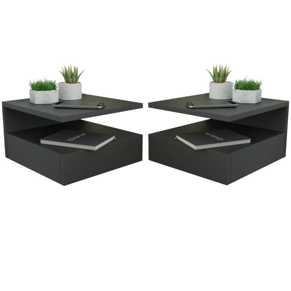 Mesa de Cabeceira Suspensa: Kit 2 Preto Moderno