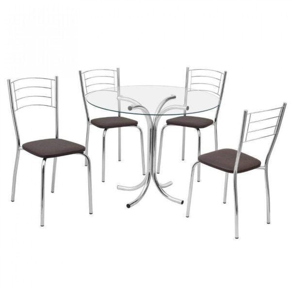 Mesa de Cozinha Redonda Vidro + 4 Cadeiras Courino