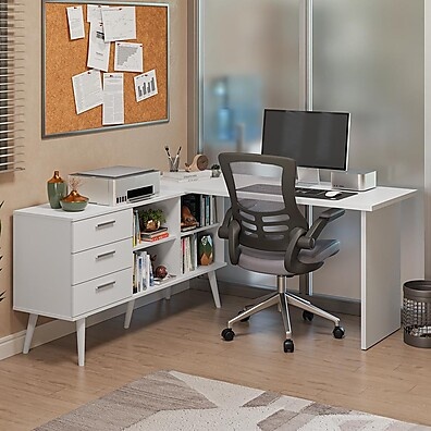 Mesa de Escritório em L Branco com 3 Gavetas – Madesa Lisboa