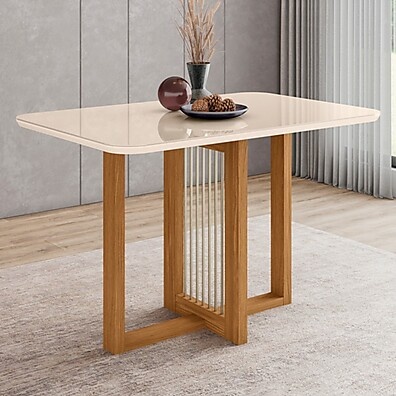 Mesa de Madeira Natalí com Vidro Nature/Off White – Elegância na Sua Sala