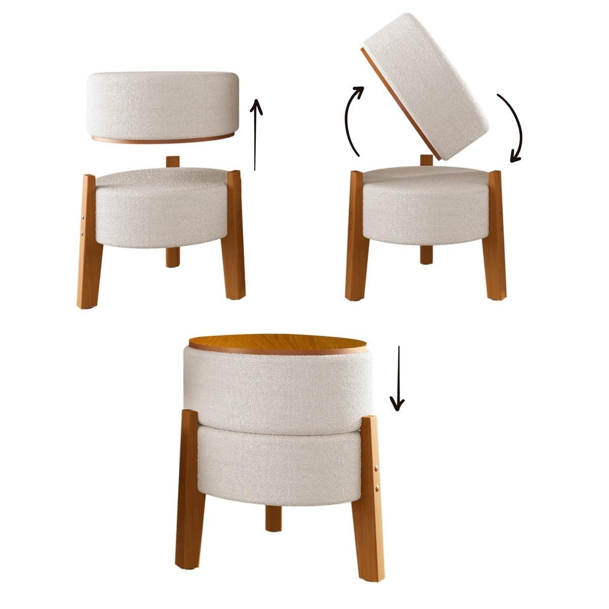 Puff Estilo Mesa em Tecido Bouclé Bege com Pés de Madeira Maciça - Design Sofisticado e Multifuncional