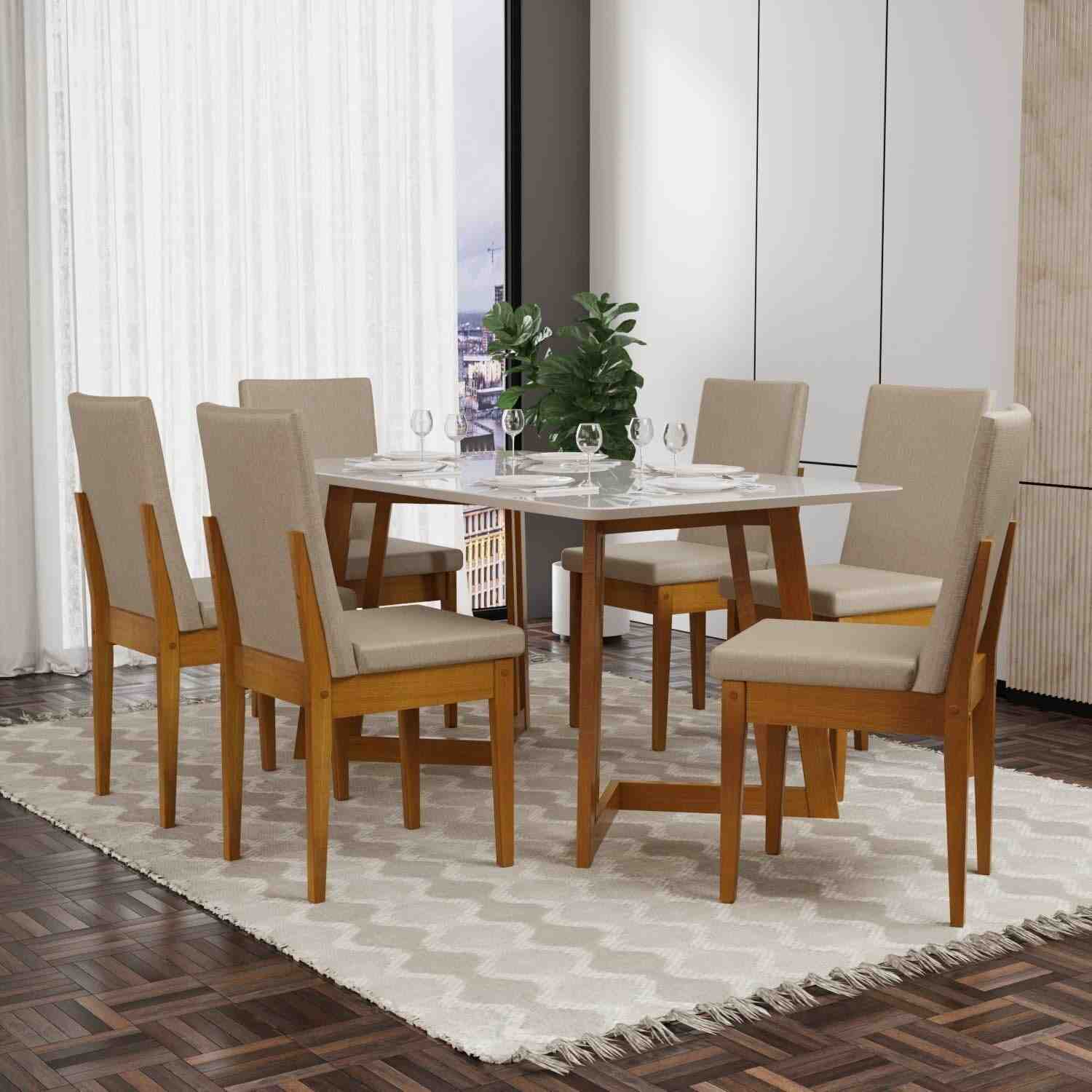 Conjunto Mesa Califórnia com Vidro e 6 Cadeiras Dakota Cerejeira - Design Moderno em Madeira Maciça