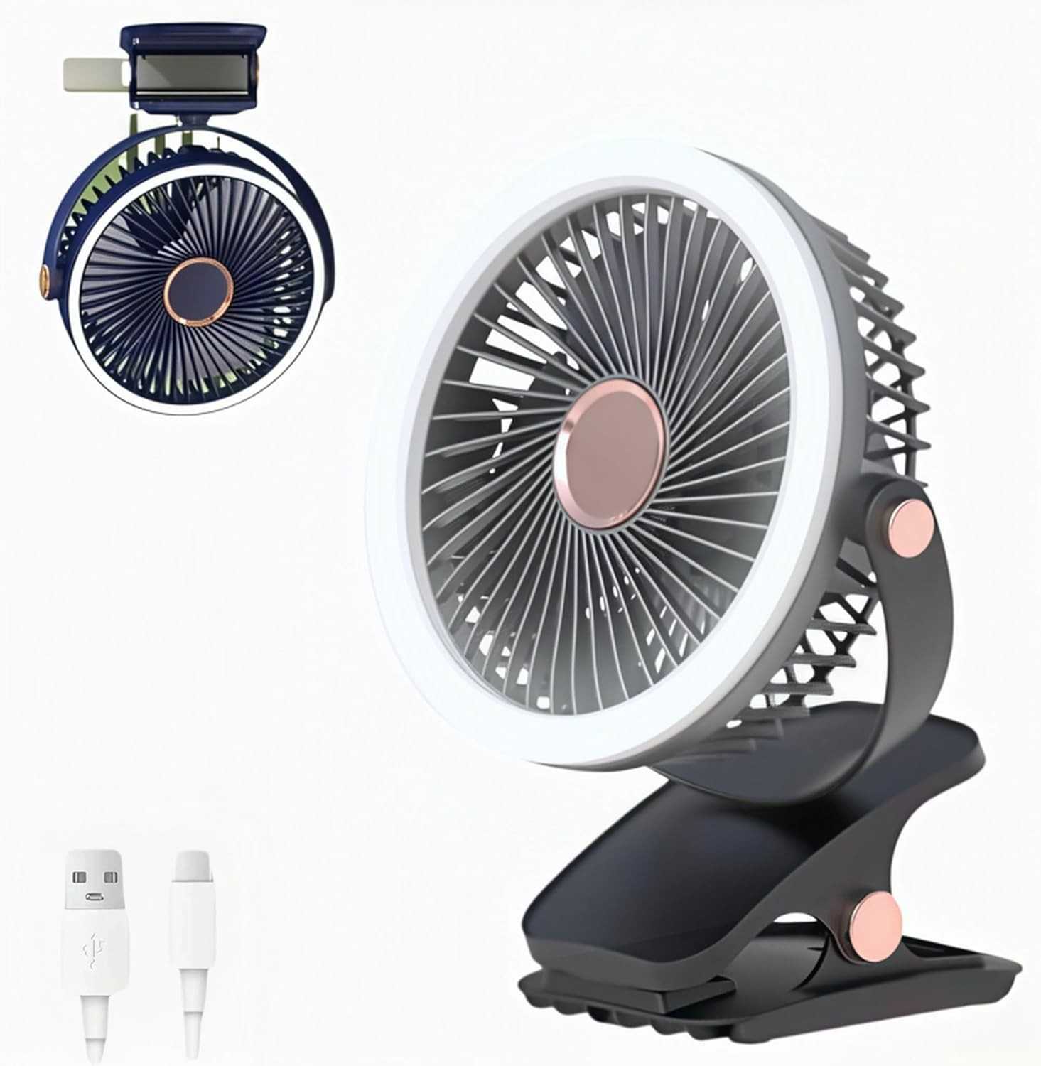 Ventilador de Mesa Portátil Recarregável 2400mAh com LED e 5 Velocidades
