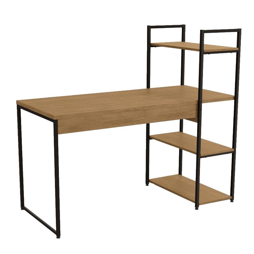 Mesa Escritório Industrial 136cm: Freijó e 3 Prateleiras