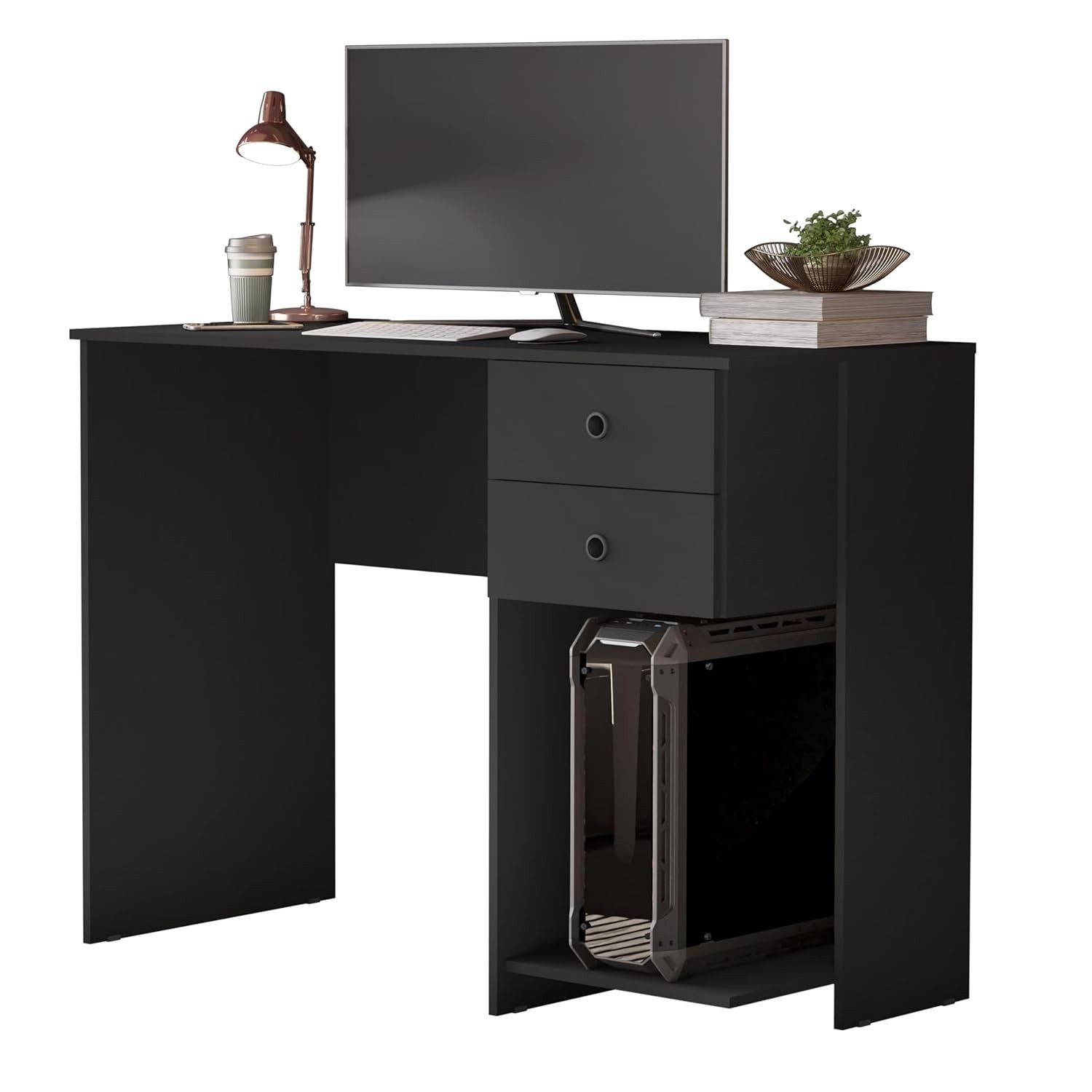 Escrivaninha com Suporte para CPU e 2 Gavetas - Mesa Moderna para Estudo e Trabalho (Preto)