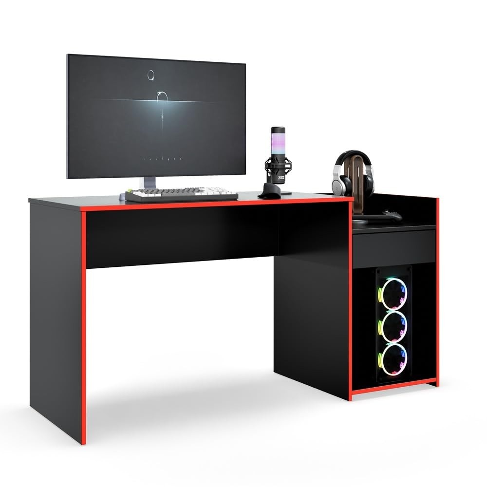 Mesa para Computador Gamer Eros com Gaveta e Nicho para CPU - Design Preto/Vermelho
