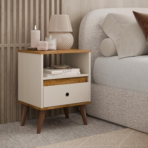 Conjunto Kit 2 Mesas de Cabeceira Moderno Ted - Design Off White e Freijo para Ambientes Elegantes