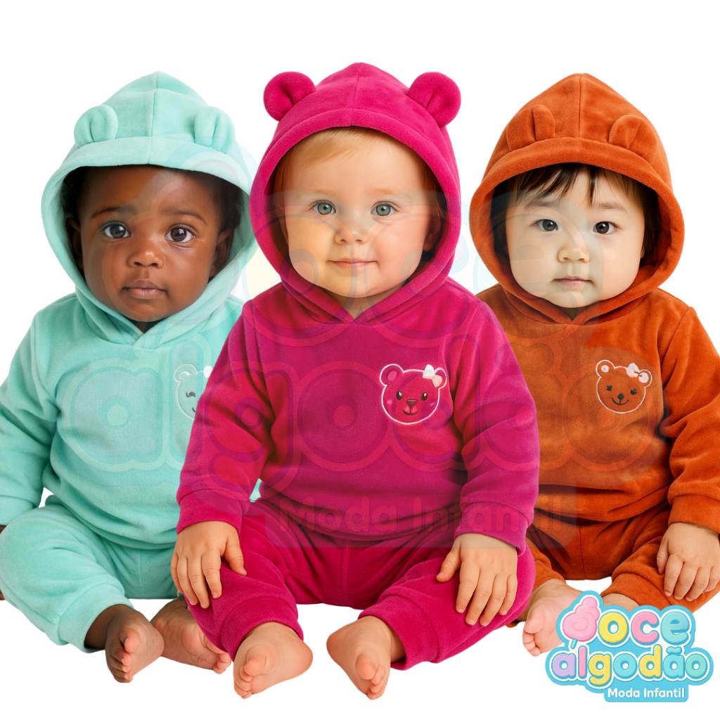 Conjunto Plush Bebê Menina: Blusa com Capuz e Calça Quentinha 0 a 12 Meses