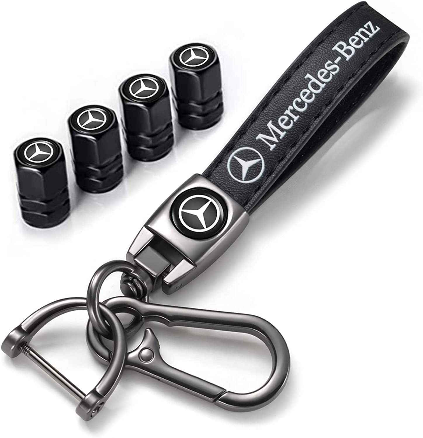 Tampas de válvula de pneu e chaveiro de metal Combo compatível com Mercedes Benz Série CESM CLK GLK GL AB AMG, tampas de proteção contra poeira para pneus de carro, acessórios de carro