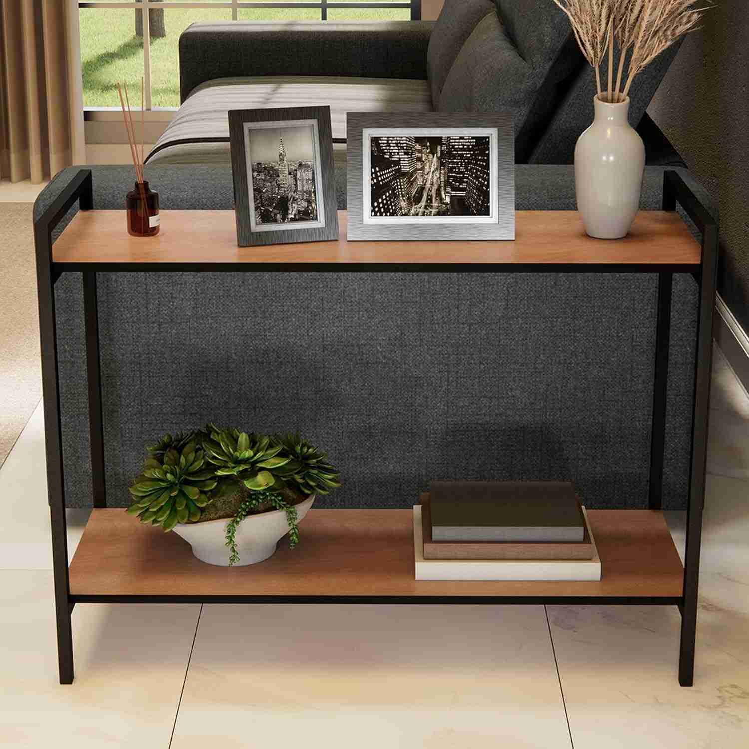 Mesa Lateral Industrial com Estrutura Metálica Preta e Tampo em MDF Freijó – Moderna e Elegante para Sala e Decoração