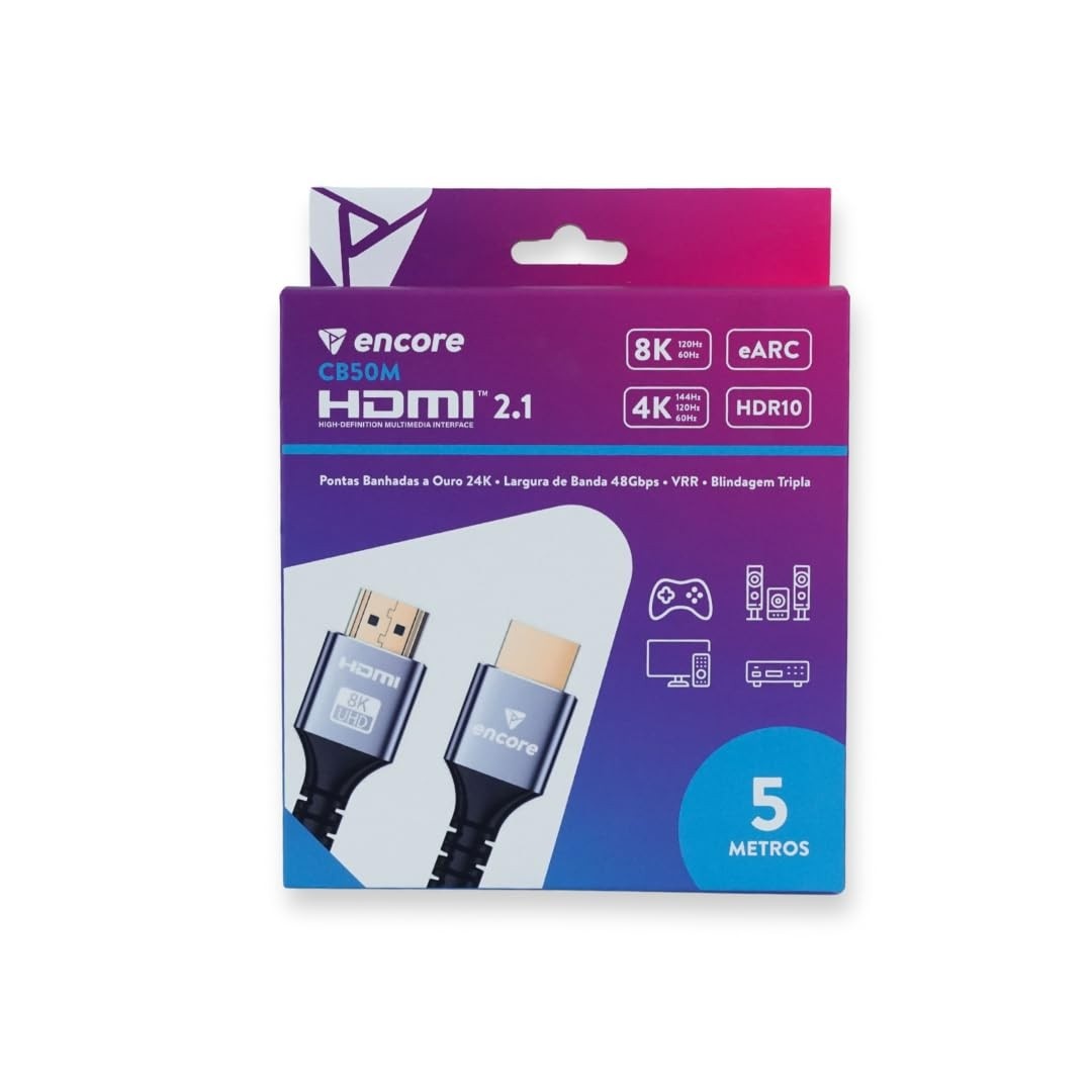 Cabo HDMI 2.1 Encore 8K Ultra High Speed: Imersão Total em 5 Metros!