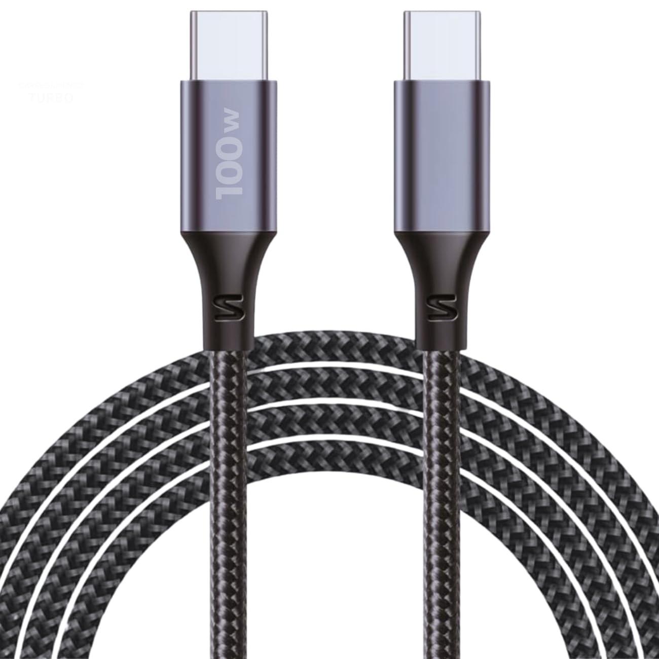 Cabo USB C Turbo 100W Trançado: Carregamento Rápido para iPhone e Samsung - 2 Metros