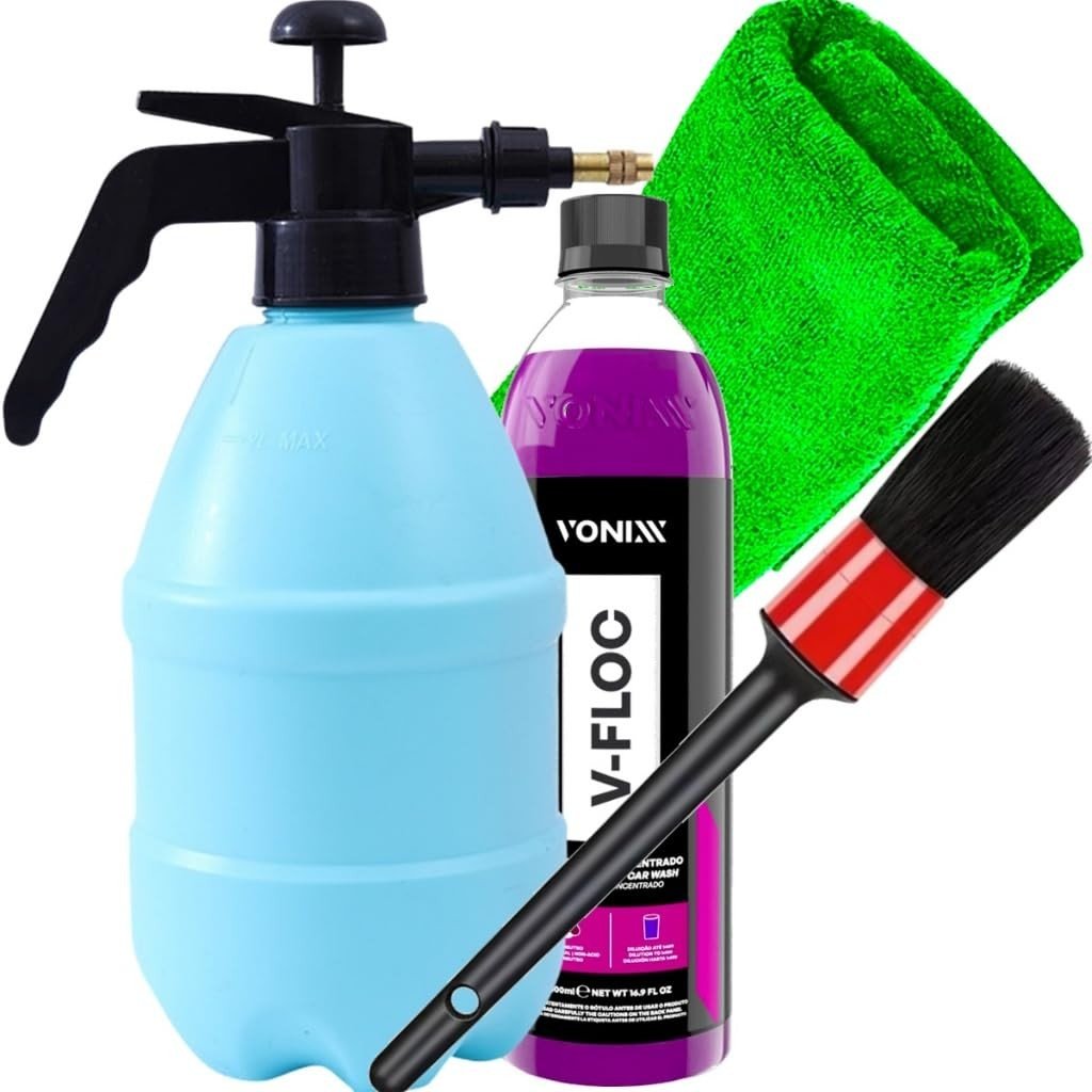 Kit Completo Limpeza Automotiva Vonixx: Shampoo V-Floc, Pulverizador, Pincel e Toalha Microfibra