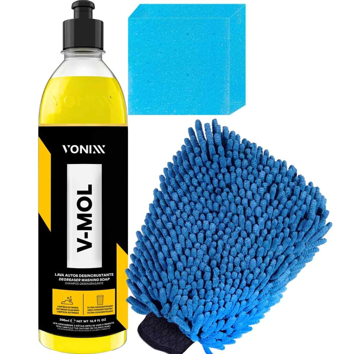 Kit Completo Lavagem Automotiva: Shampoo V-Mol 500ml Vonixx + Luva Microfibra