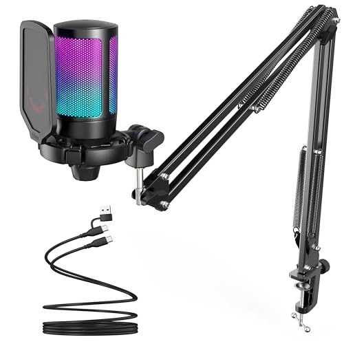 FIFINE Gaming PC Microfone USB, Microfone Condensador para Podcast com Braço,Filtro Pop,Botão Mudo para Streaming,Twitch,Chat Online,Mic RGB para Computador para PS4/5 y Jogadores e Youtuber-A6T