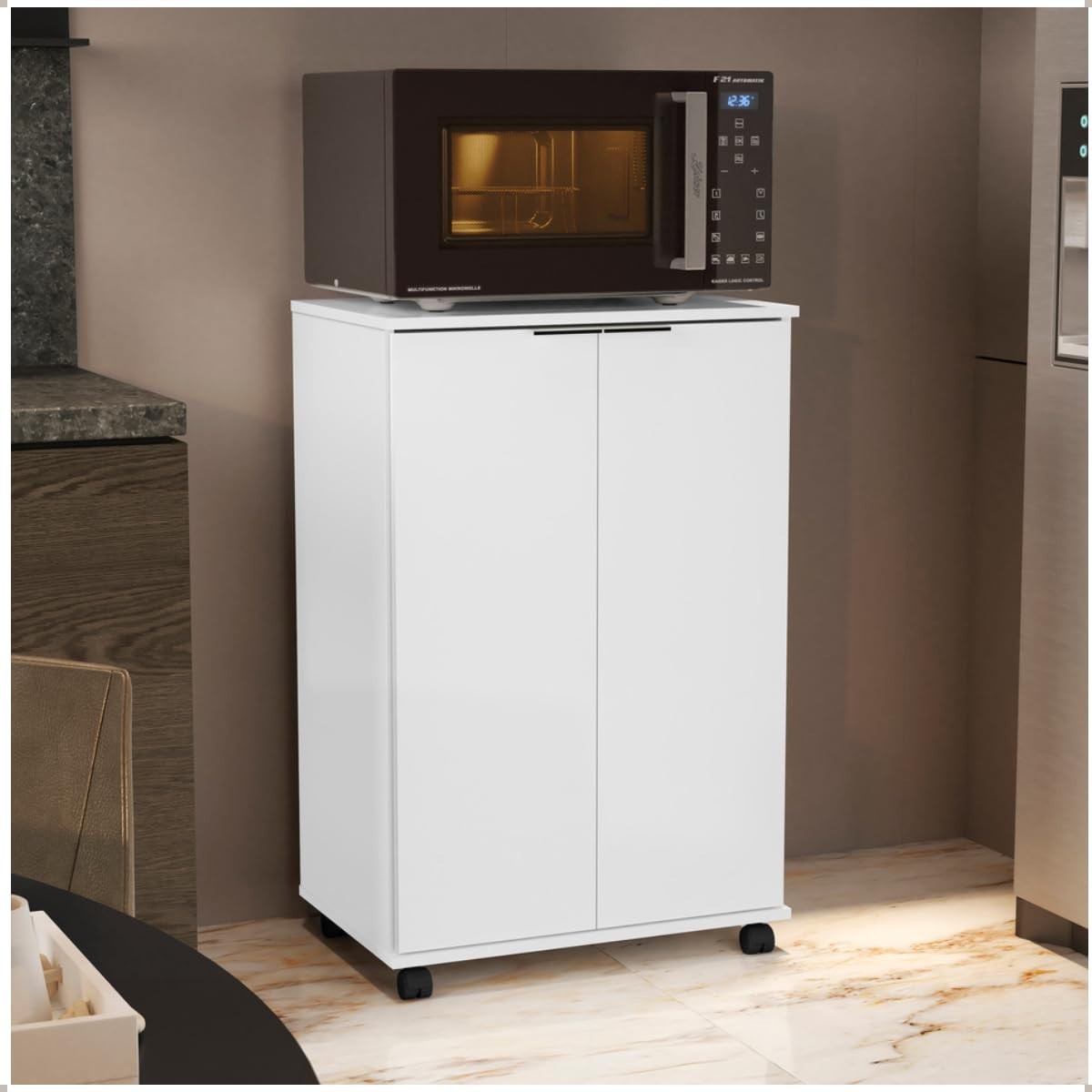 Balcão Pratic para Cozinha com Microondas – Armário Multiuso 2 Portas Branco Moderno