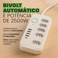 Extensão Elétrica 5 Tomadas + 4 USB + 1 USB-C Bivolt 2500W - Carregamento Rápido e Seguro - imagem 4