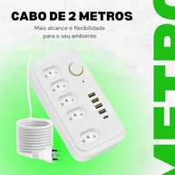 Régua de Energia 5 Tomadas + 4 USB + 1 USB-C 2m Bivolt 2500W com Proteção Contra Sobrecarga - imagem 4
