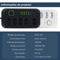 Régua de Energia Premium: 5 Tomadas, 4 USB + 1 Tipo-C, 2500W Bivolt e Proteção - imagem 4