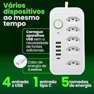Filtro de Linha 5 Tomadas + 4 USB + 1 USB-C: Carregamento Rápido e Proteção Total (Branco) - imagem 5