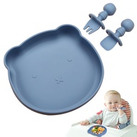 Conjunto 3 em 1 Prato Antiderrapante com Silicone Alimentício - Prato, Colher e Garfo Seguros para Bebês (Azul) - imagem 1