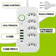 Tomada Inteligente Premium: 5 Tomadas, 4 USB, 1 USB-C + 2 Cabos Tipo-C (Branca) - imagem 4
