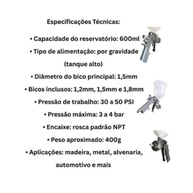 Kit Pistola de Pintura por Gravidade 600ml com 3 Bicos - 1,2mm, 1,5mm e 1,8mm - imagem 5