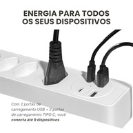 Régua de Energia 5 Tomadas 3 Pinos + 2 USB + 2 Tipo-C: Organize e Carregue Tudo! - imagem 4