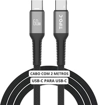Cabo USB-C 2 metros Tipo C Turbo 60W Ultra Rapido Nylon Trançado e Reforçado Android e Iphone Notebook Tablet Qualidade Premium Carregamento Transferência de Dados - imagem 1