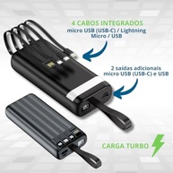 Power Bank 20000mAh Turbo 3.1A: Carregador Portátil com 4 Cabos Integrados, LED e Lanterna - Premium Preto - imagem 4