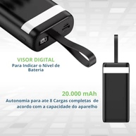 Power Bank 20000mAh Turbo 3.1A: Carregador Portátil com 4 Cabos Integrados, LED e Lanterna - Premium Preto - imagem 3