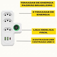 Extensão Régua Elétrica 3 Tomadas + 3 USB (1 Tipo-C) Bivolt 2500W - Organize e Carregue Tudo! - imagem 4