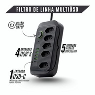 Filtro de Linha 5 Tomadas + 4 USB + 1 USB-C 2m Bivolt - Organize e Carregue Tudo! - imagem 4
