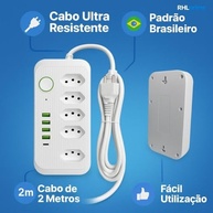 Filtro de Linha Premium: 5 Tomadas + 4 USB + 1 Tipo-C, Cabo 2m, Bivolt 10A/2500W - Branco - imagem 4