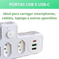 Régua de Energia 4 Tomadas + 3 USB (1 USB-C) - Carregamento Rápido e Seguro - imagem 5