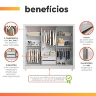 Guarda-Roupa de Casal com Espelho 3 Portas de Correr e 2 Gavetas - França Branco - imagem 5