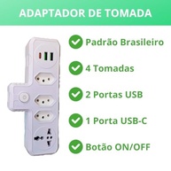 Régua de Energia 4 Tomadas + 3 USB (1 USB-C) - Carregamento Rápido e Seguro - imagem 3