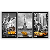 Kit 3 Quadros Decorativos Grandes com Moldura - Cidades do Mundo Amarelo - imagem 2