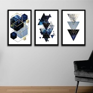Quadros de Parede Geométrico Azul com Moldura Preta - 3 Peças em Madeira FSC - imagem 3