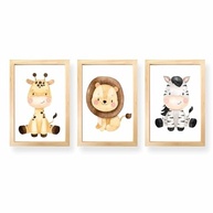 Kit 3 Quadros Decorativos Infantil Safari com Moldura - Leão, Girafa e Zebra 20x30cm - Decoração Charmosa para Quarto de Bebê (Pinus) - imagem 2