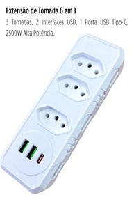 Extensão Elétrica Premium: 3 Tomadas Universais + 3 USB (A+C) Bivolt Inteligente - imagem 3