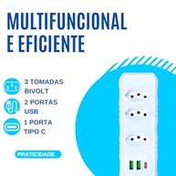 Adaptador Tomada 6 em 1: Régua de Energia com 3 Tomadas, 2 USB e 1 USB-C Bivolt (Preto) - imagem 4