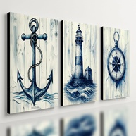Kit 3 Quadros Decorativos Marítimos Premium - Veleiro, Barco e Farol (40x28cm) - imagem 1