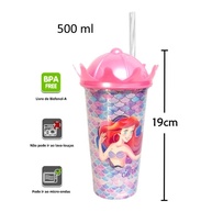 Coleção 3 Copos 500ml com Canudo e Coroa - Princesas Pequena Sereia, Bela e Branca de Neve - imagem 3